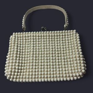 50s/60s Grandee woven bubble beads vintage purse with working kiss-lock cream